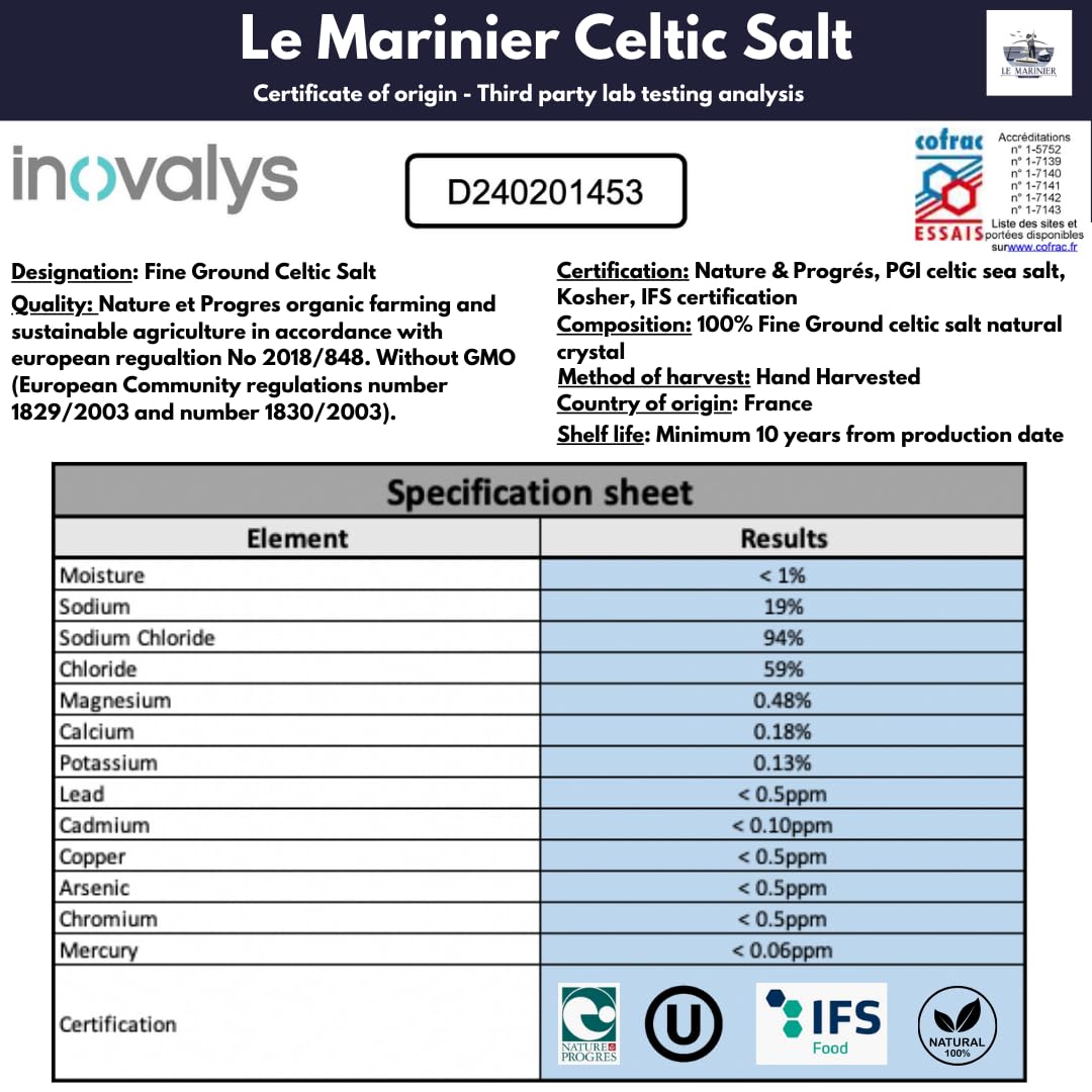 Sal Céltica Le Marinier Gris Fina 0.5 lb (8.82oz) – Sal Marina Natural, Rica en Minerales, Sin Refinar
