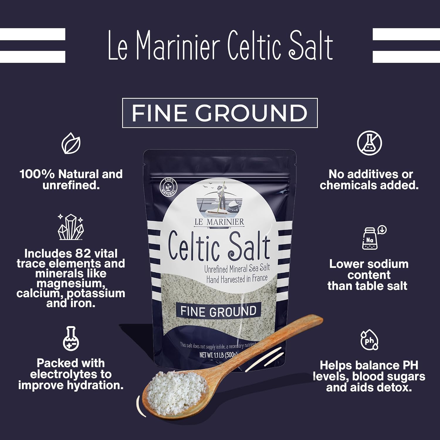 Sal Céltica Le Marinier Gris Fina 0.5 lb (8.82oz) – Sal Marina Natural, Rica en Minerales, Sin Refinar