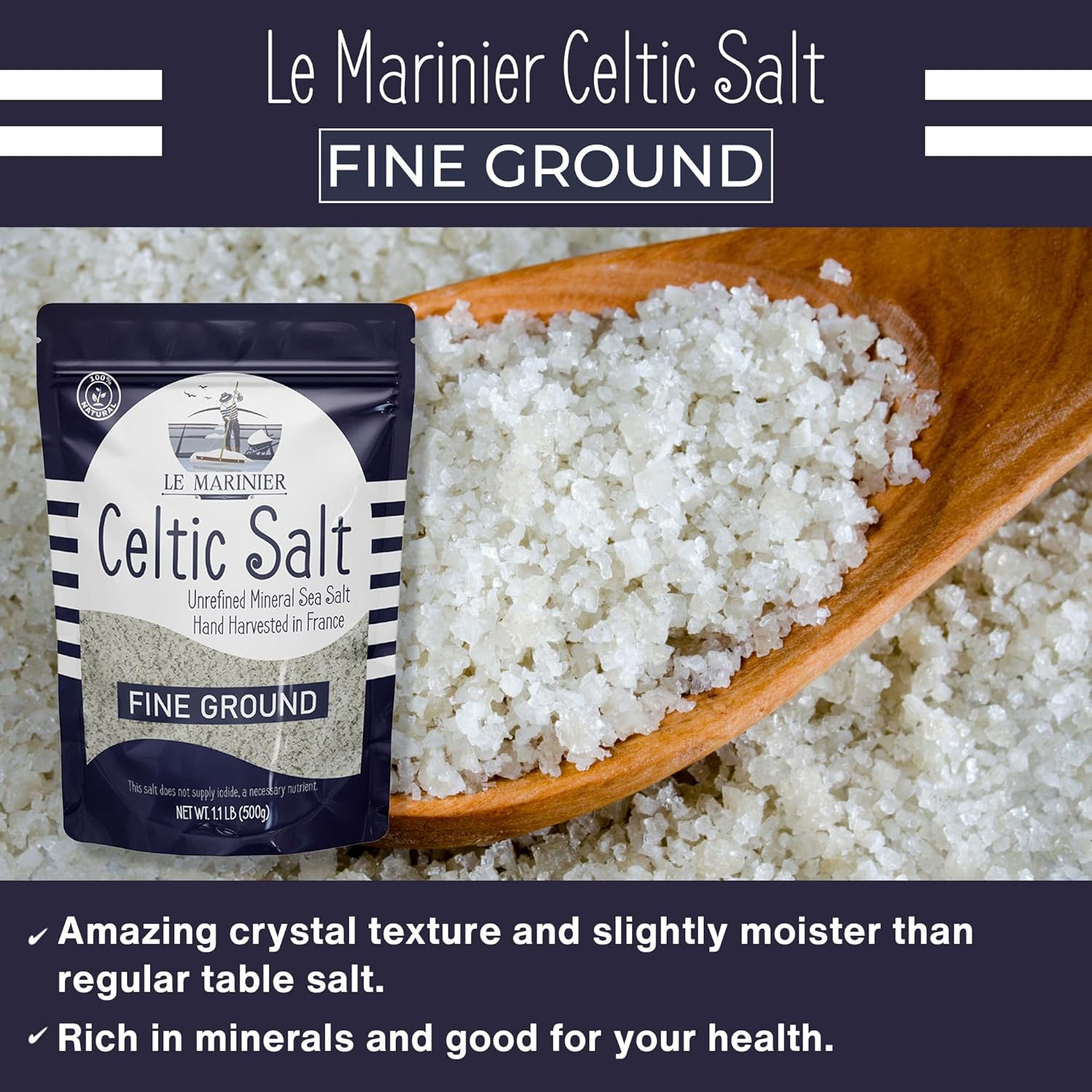Sal Céltica Le Marinier Gris Gruesa 1.1 lb (18 oz) – Sal Marina Natural, Rica en Minerales, Sin Refinar